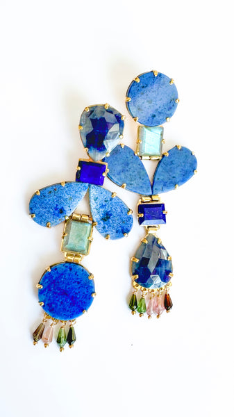 Sapphire, Labdorite, Lapis Lazuli and Tourmaline Earrings