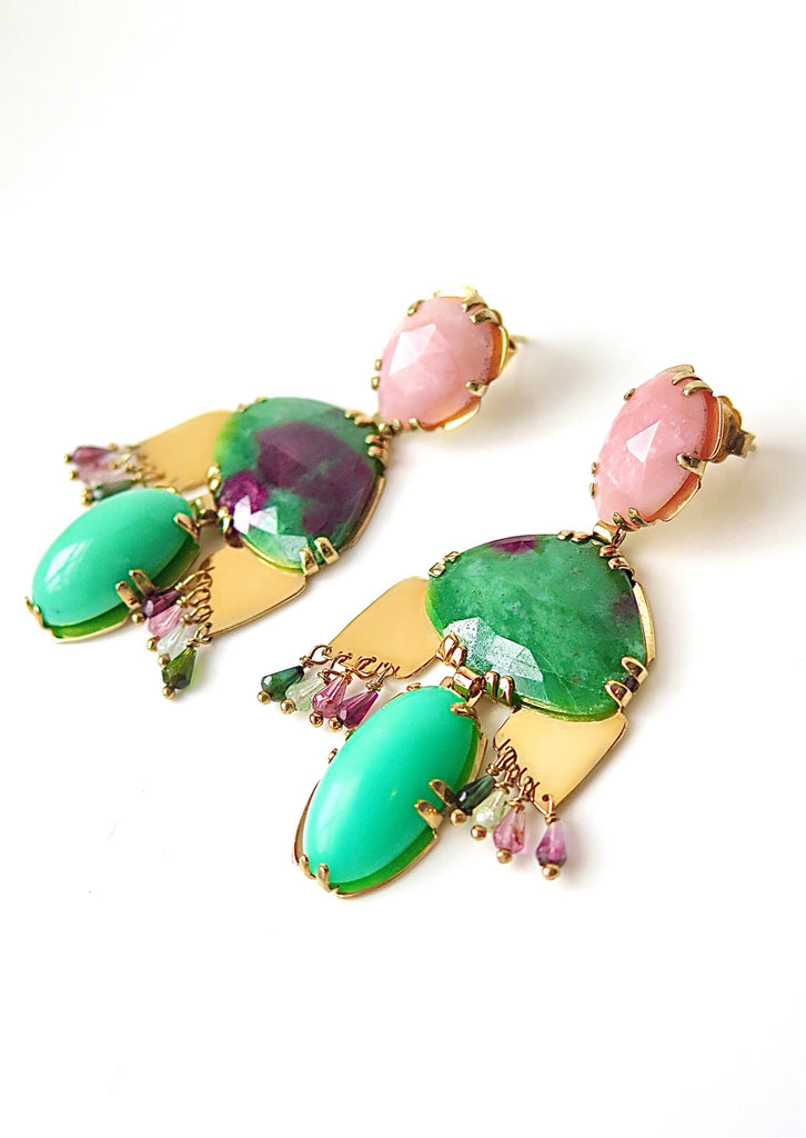 Pink Opal, Emerald, Chrysoprase and Tourmaline Earrings